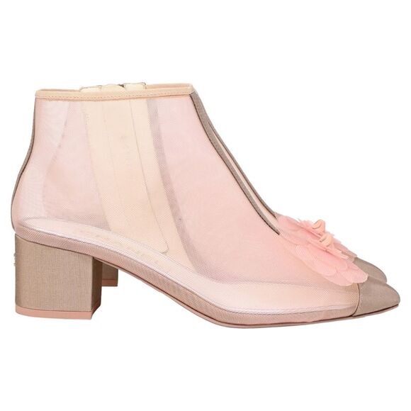 Chanel Camellia Flower-Embellished Ankle Boots in Pink Mesh - Picture 1 of 8